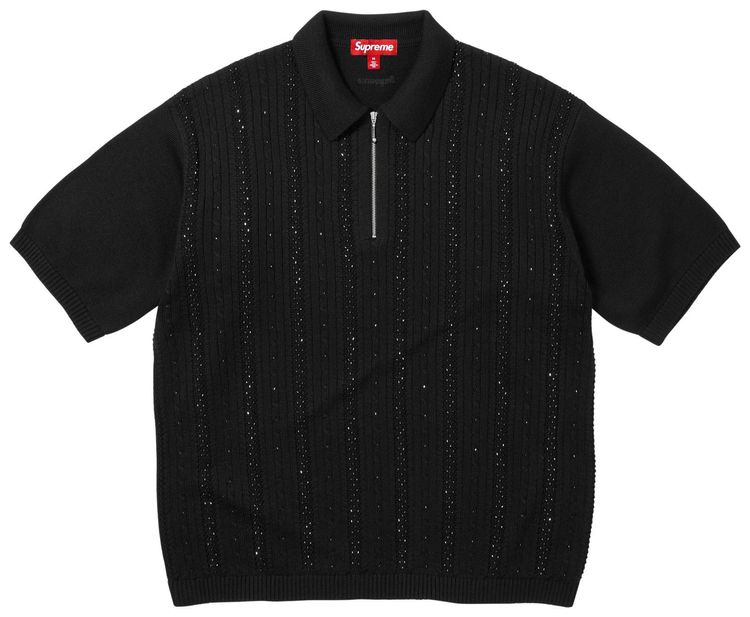 Supreme Beaded Zip Short Sleeve Polo Sweater Black