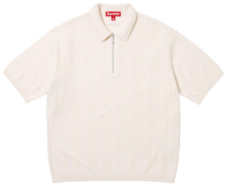 Supreme Beaded Zip Short Sleeve Polo Sweater Cream
