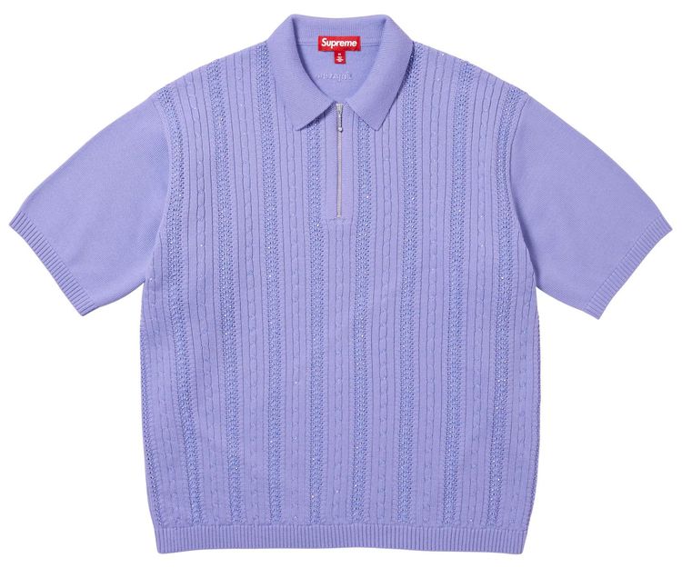 Supreme Beaded Zip Short Sleeve Polo Sweater Lavender