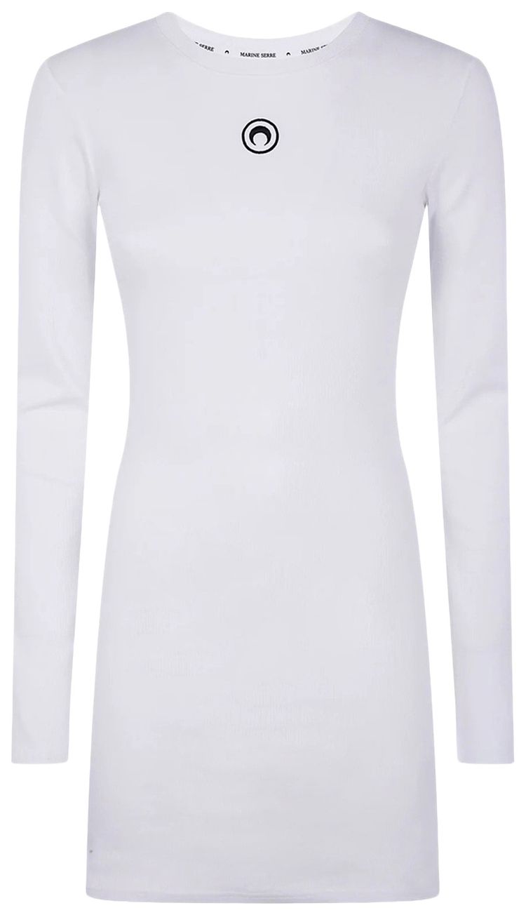 Marine Serre Moon Logo Ribbed Long Sleeve Mini Crewneck Dress White