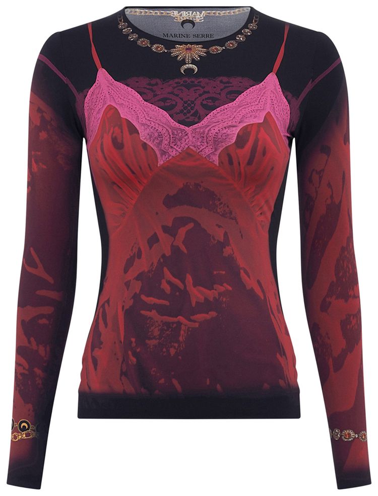 Marine Serre Wet Nuisette Printed Long Sleeve Crewneck Top Ribbon Red