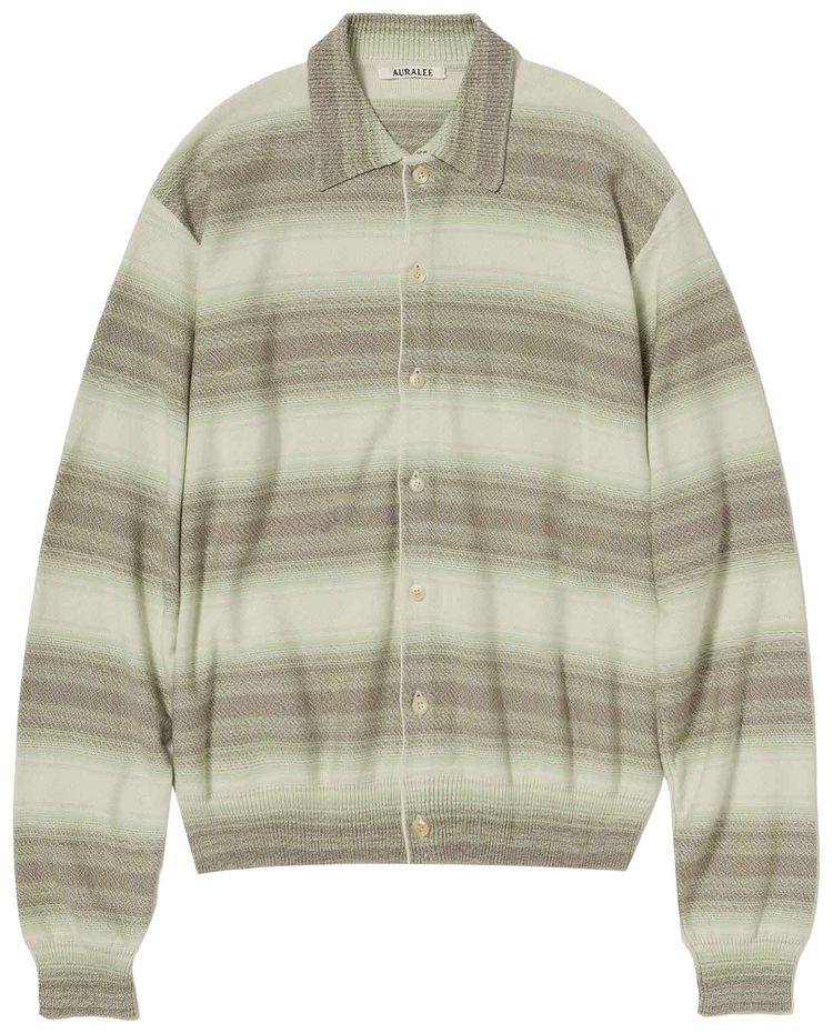 Auralee Gradient Stripe Knit Cardigan Lime Grey Stripe