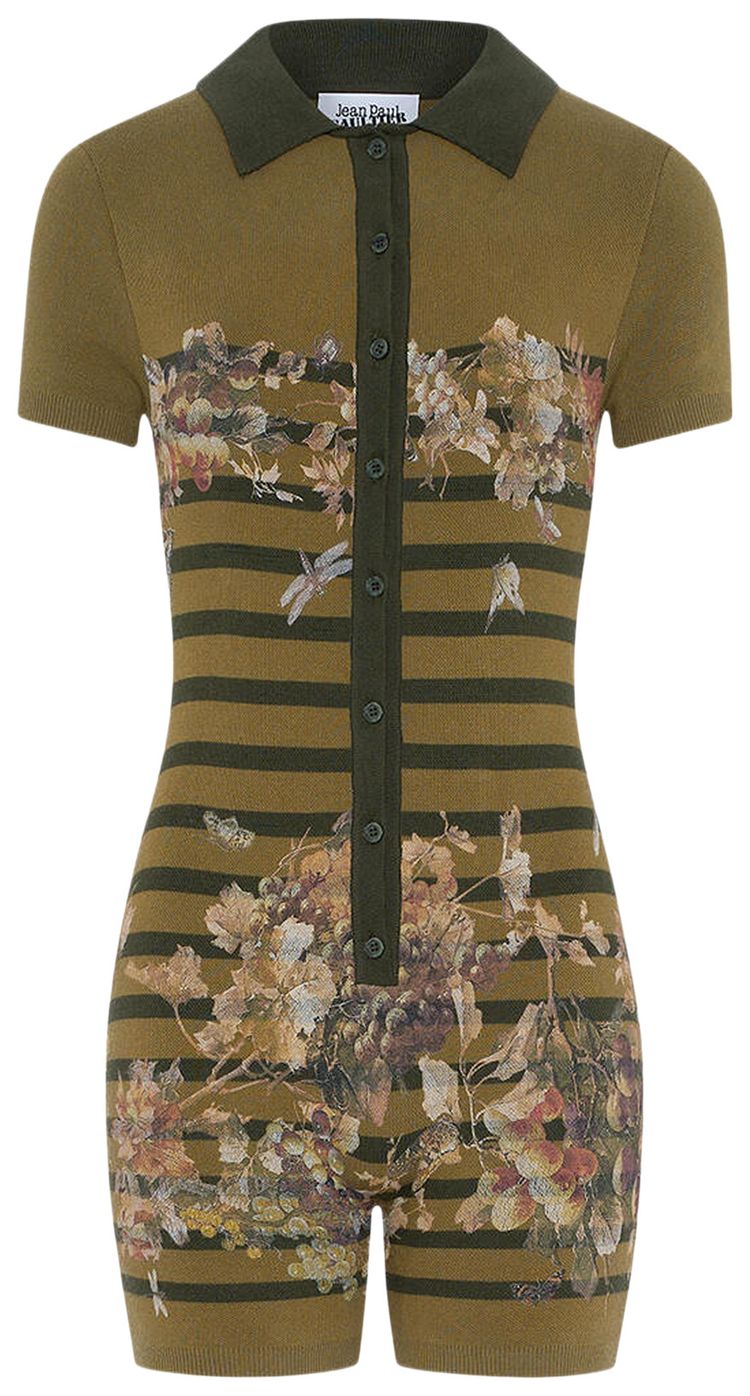 Jean Paul Gaultier Cotton Pique Polo Neck Overall Printed Mariniere Grape KhakiMulticolor