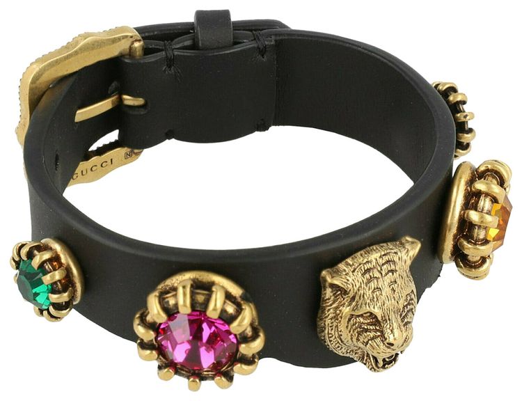 Gucci Tiger HeadCrystal Leather Bracelet Gold