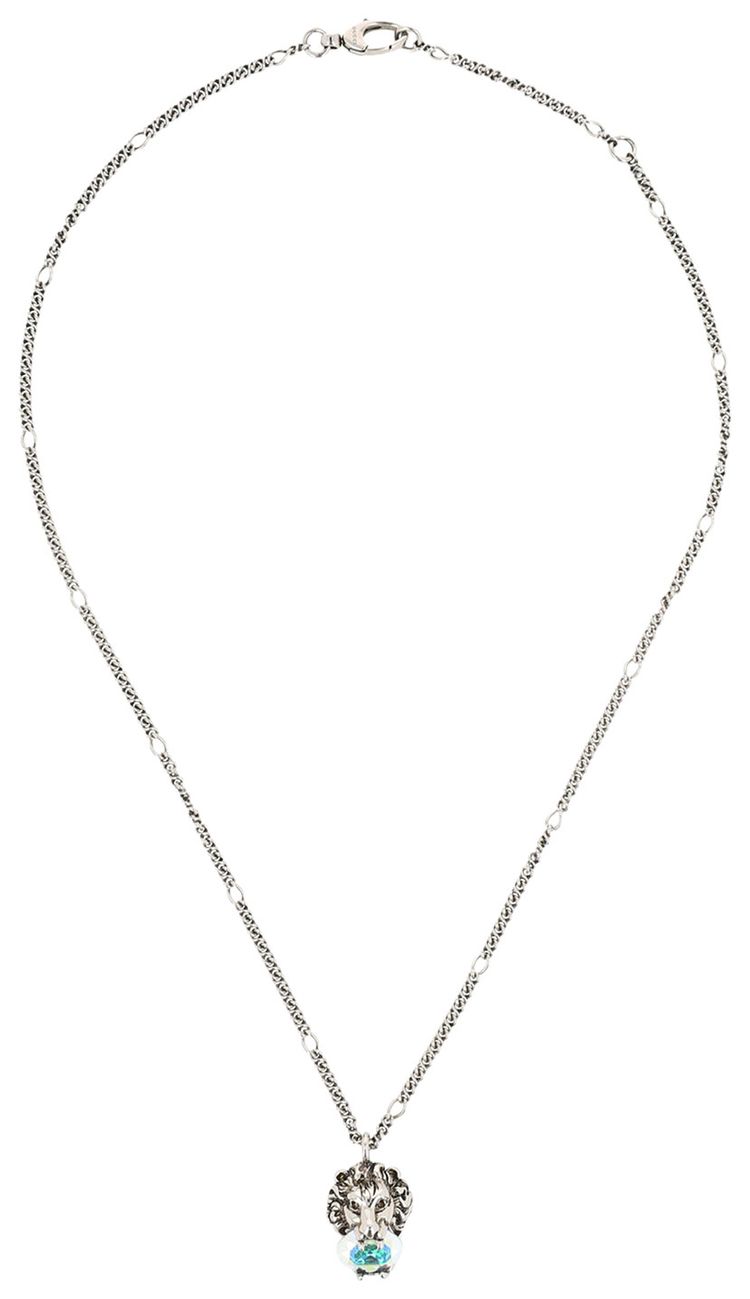 Gucci Lion Head Crystal Embellished Necklace Silver