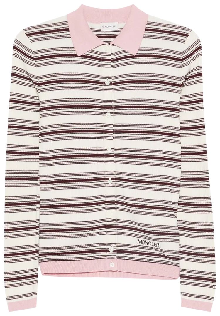 Moncler Long Sleeve Striped Polo Shirt Burgundy Stripe