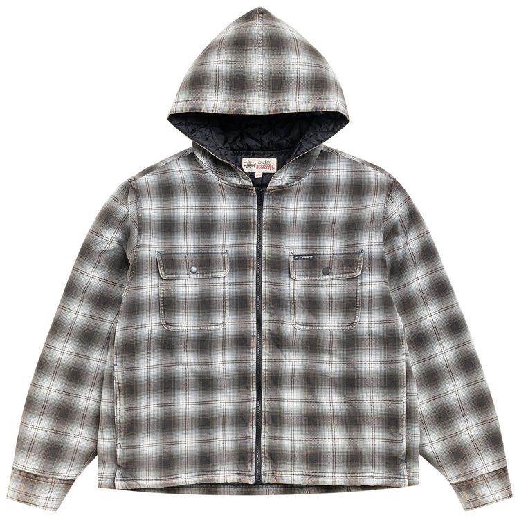 Stussy Zip Hooded Plaid Shirt Charcoal