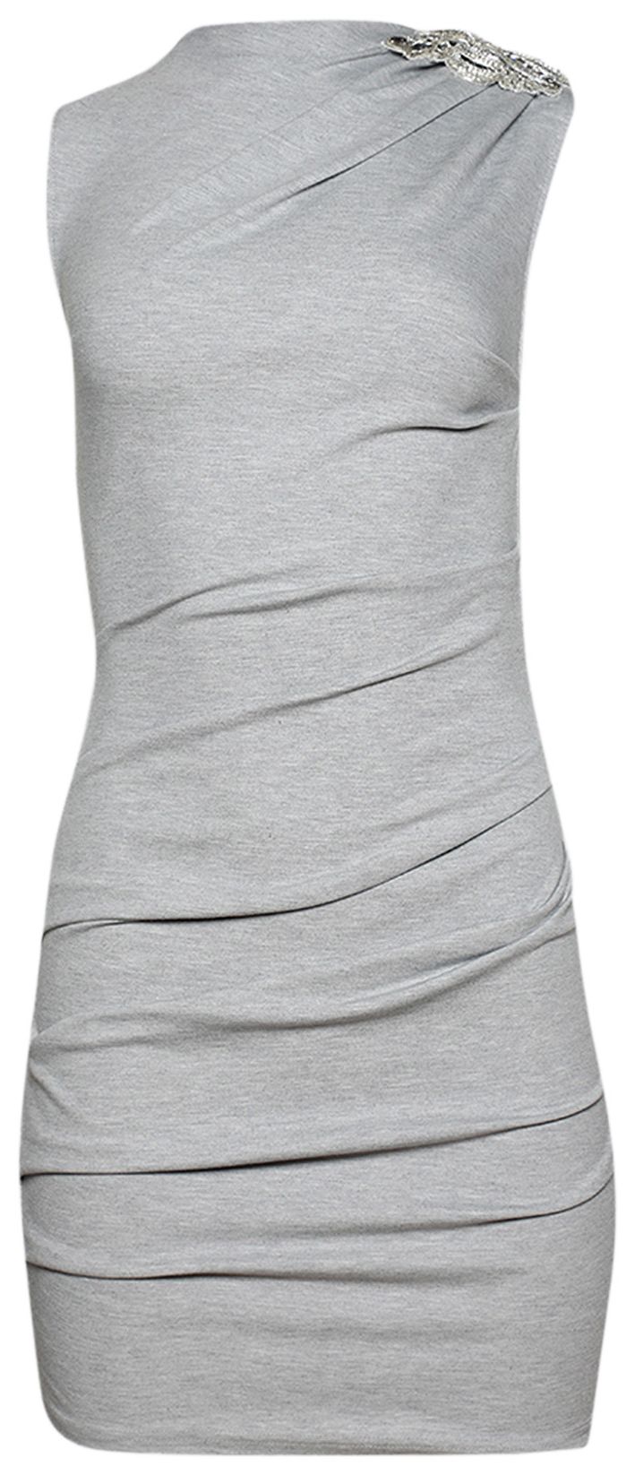 David Koma Crystal Brooch Ember Detail Ruched Mini Dress GreySilver