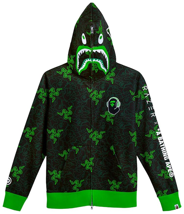 BAPE x Razer Neon Camo Shark Full Zip Hoodie BlackGreen