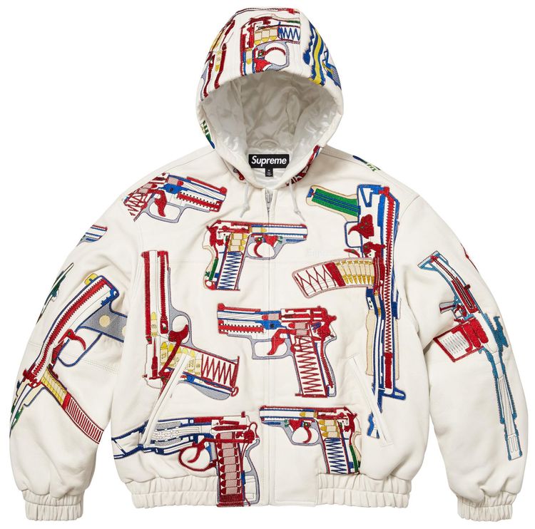 Supreme Guns Embroidered Hooded Leather Jacket White