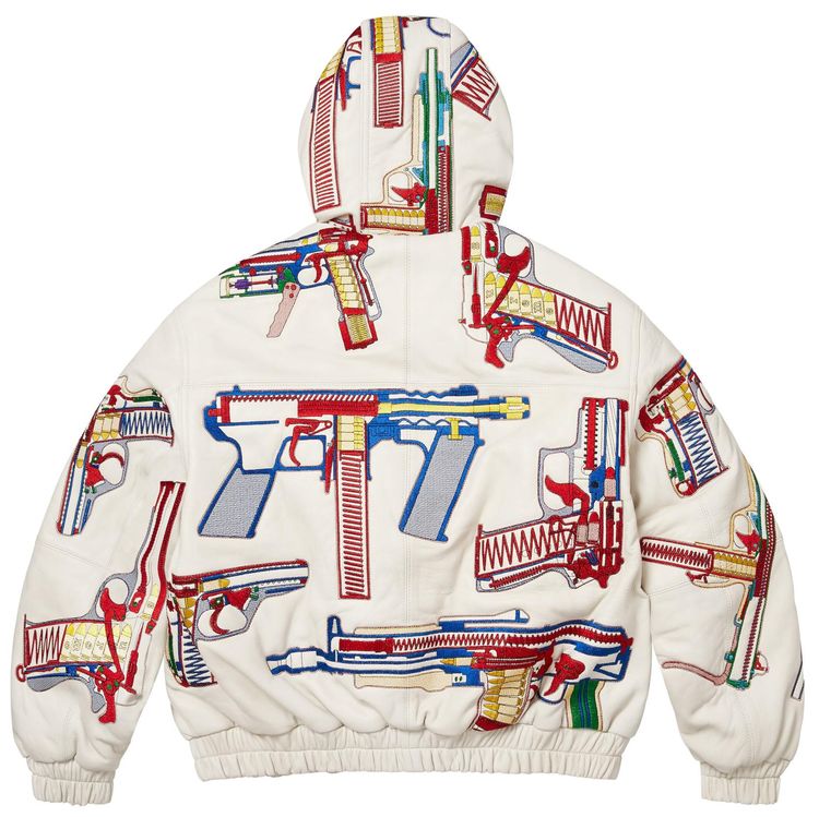 Supreme Guns Embroidered Hooded Leather Jacket White