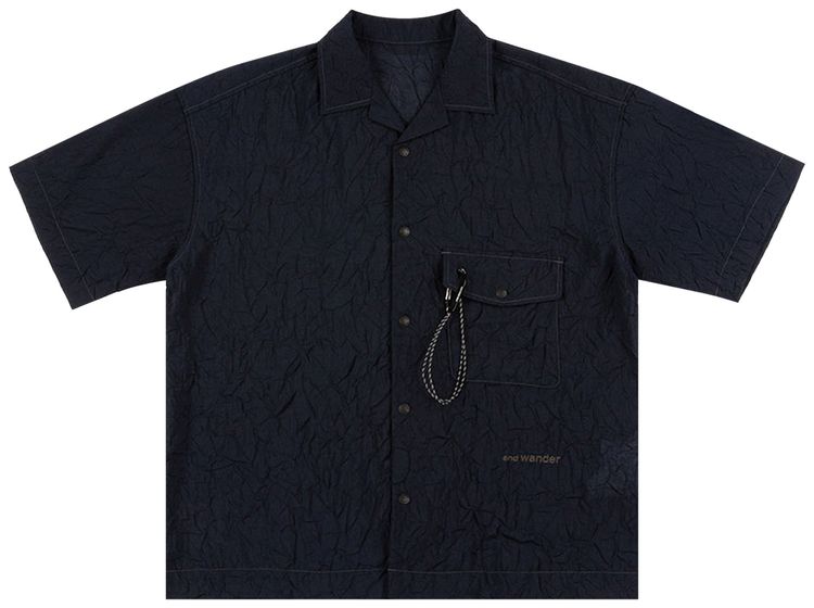 And Wander Washer Pleated Open Short Sleeve Shirt Navy