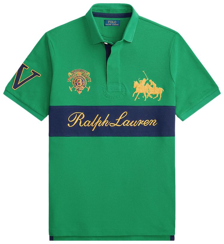 Polo Ralph Lauren Short Sleeve Basic Mesh Ralph Lauren Script Chest Stripe Polo Stafford GreenNewport Navy