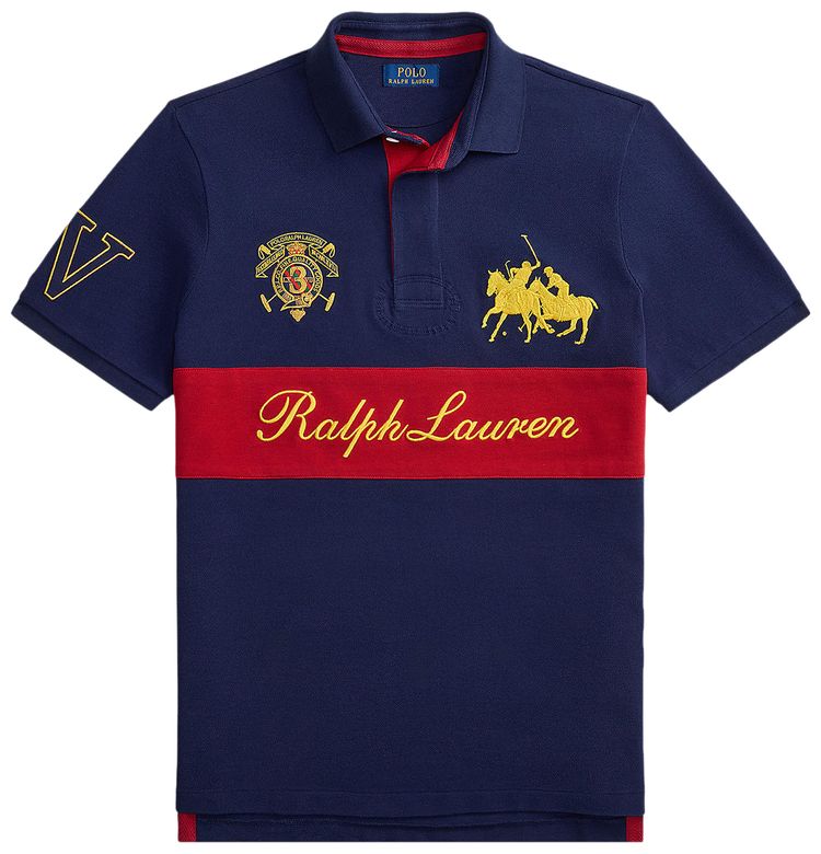 Polo Ralph Lauren Short Sleeve Basic Mesh Script Chest Stripe Polo Newport NavySweet Tomato