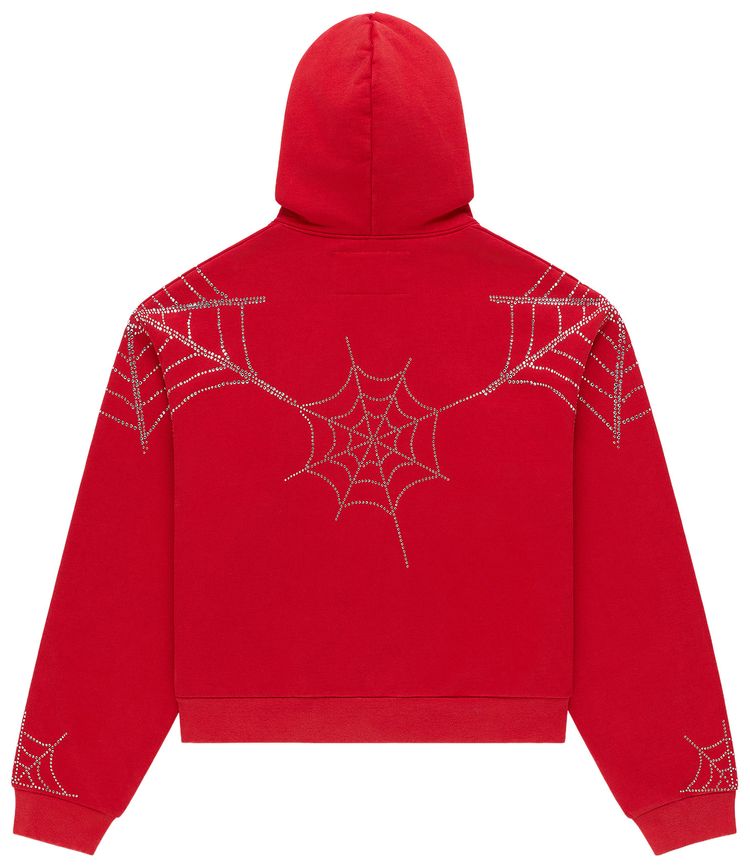 Sp5der Rhinestone Web Zip Hoodie Red