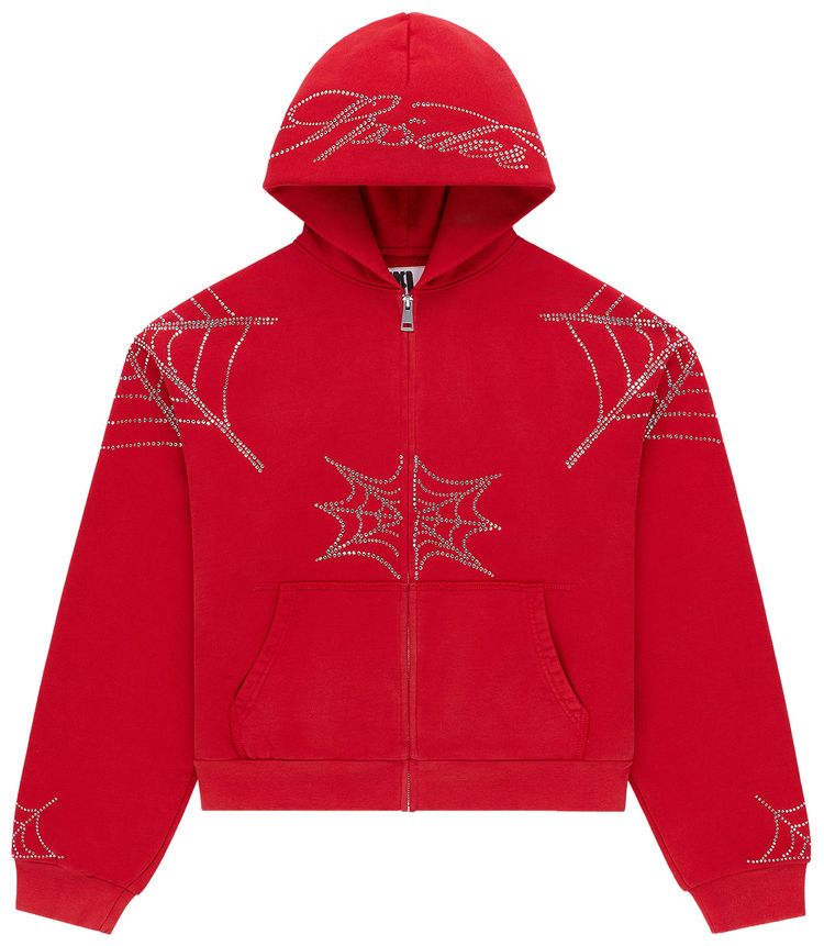 Sp5der Rhinestone Web Zip Hoodie Red