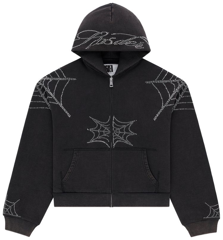 Sp5der Rhinestone Web Zip Hoodie Black