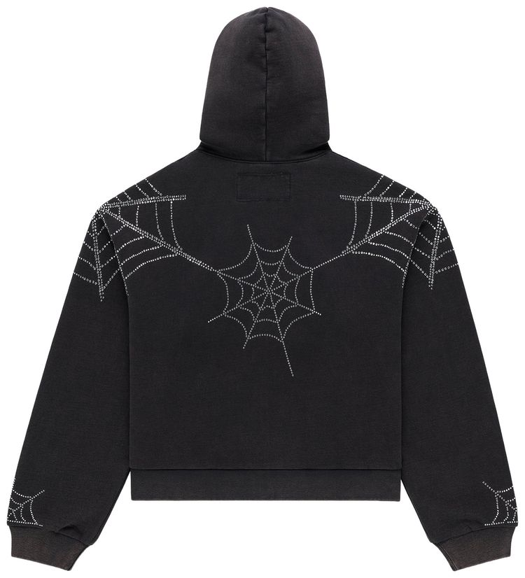 Sp5der Rhinestone Web Zip Hoodie Black