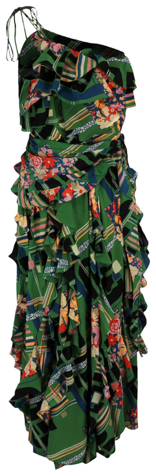 Gucci Floral Check Print Ruffled Silk Crepe Dress GreenBlack
