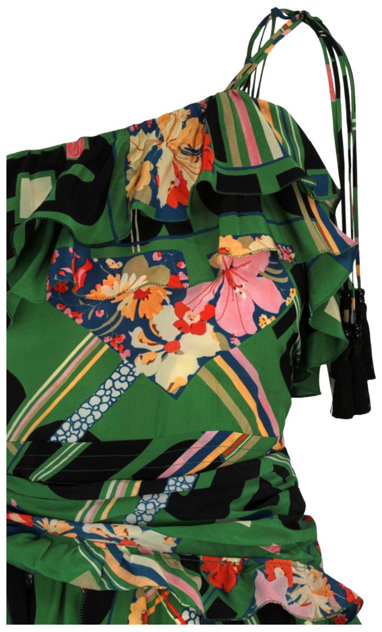 Gucci Floral Check Print Ruffled Silk Crepe Dress GreenBlack