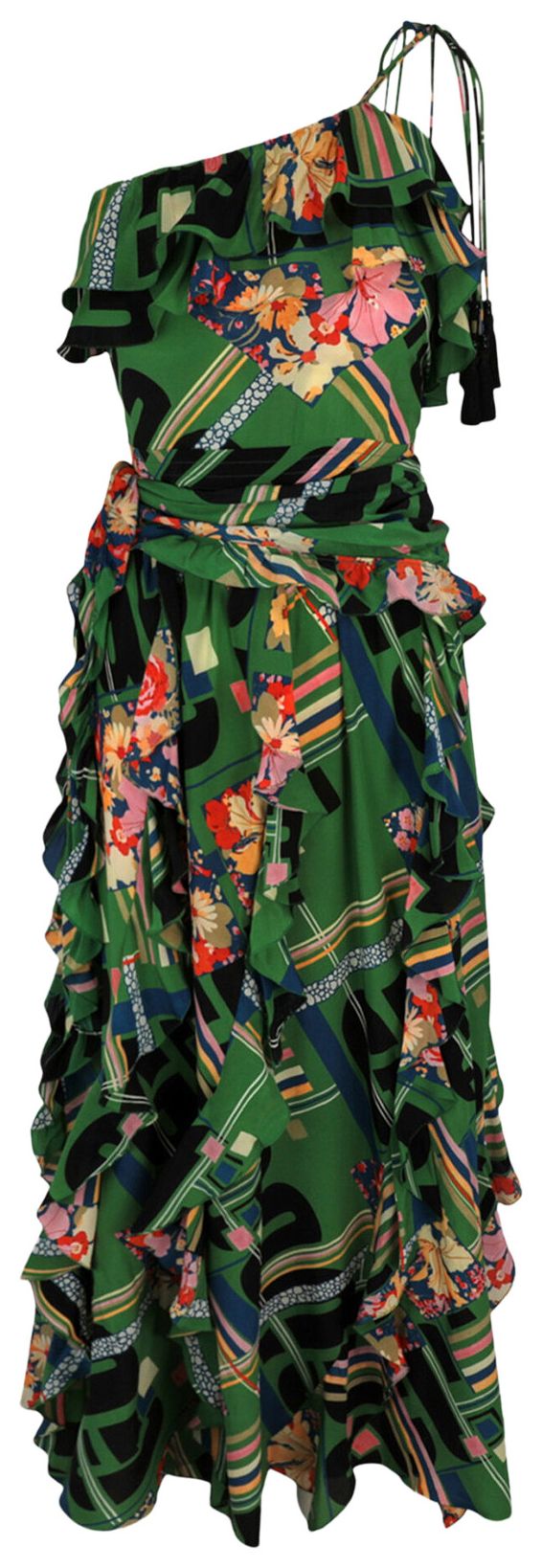 Gucci Floral Check Print Ruffled Silk Crepe Dress GreenBlack
