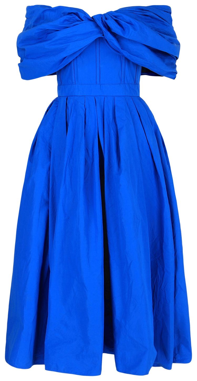 Alexander McQueen Draped Off The Shoulder Midi Dress Blue