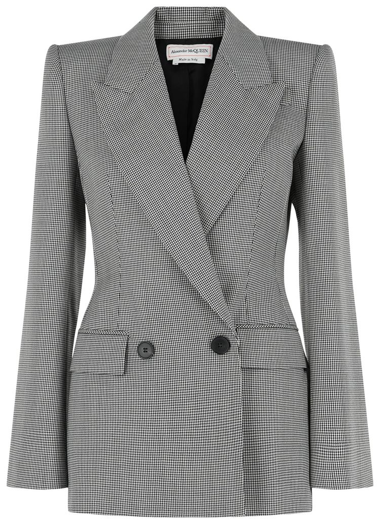 Alexander McQueen Houndstooth Check Double Breasted Blazer BlackIvory