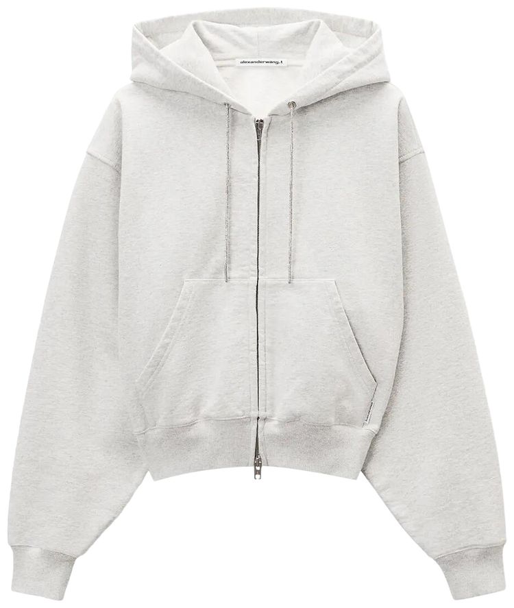 Alexander Wang Zip Up Hoodie W Rhinestone Drawcord Light Heather Grey