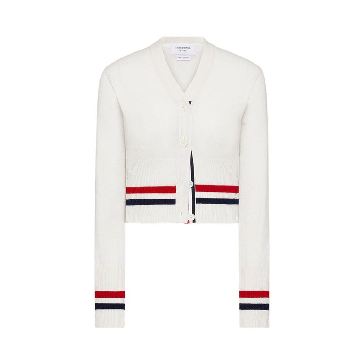 Thom Browne RWB Stripe Cashmere Shrunken V Neck Cardigan White