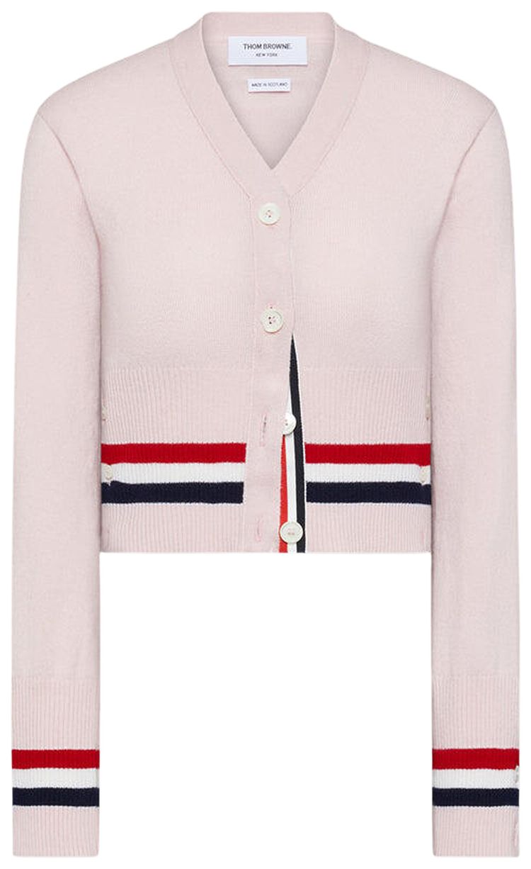 Thom Browne RWB Stripe Cashmere Shrunken V Neck Cardigan Light Pink