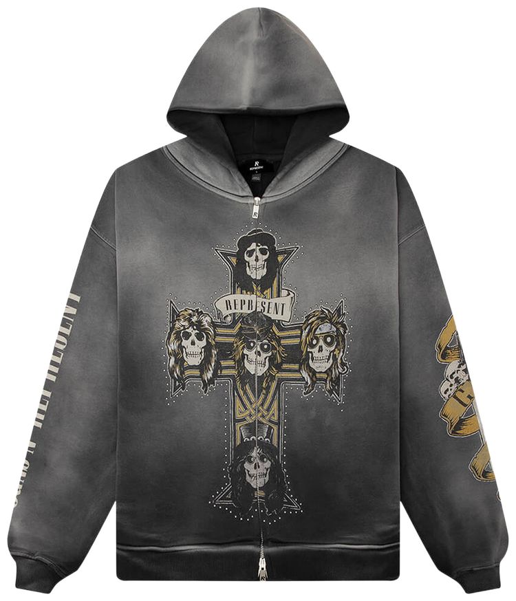 Represent Clo x Guns N Roses Cross Zip Through Hoodie Stained Black
