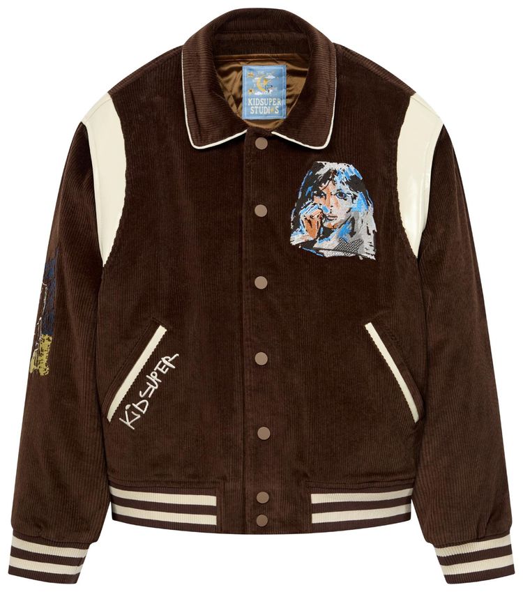 KidSuper Washed Corduroy Embroidered Faces Jacket Brown
