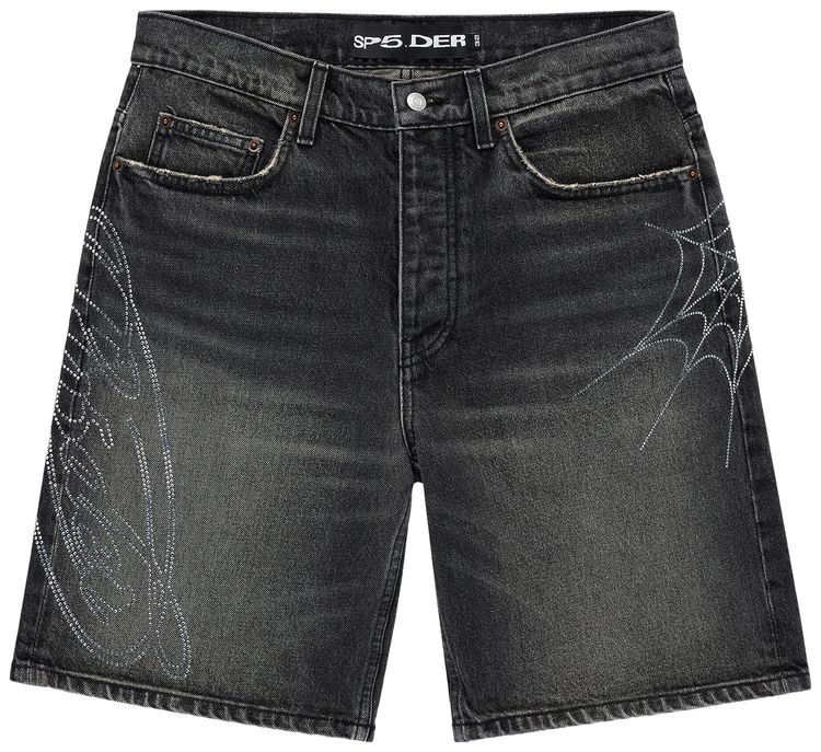 Sp5der Script Web Denim Short Black Wash