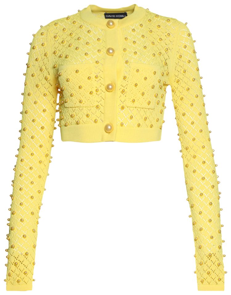 David Koma Allover Pearl Detail Long Sleeve Cardigan Yellow