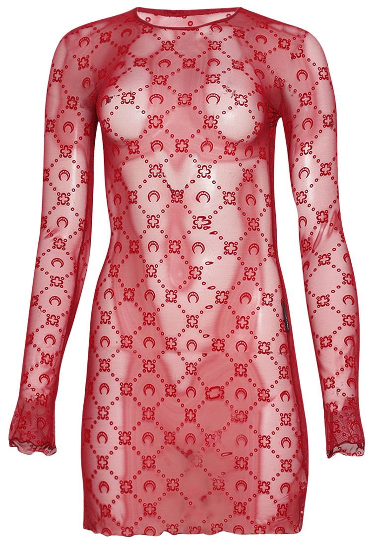 Marine Serre Moonogram Mesh Flock Long Sleeve Mini Dress Ribbon Red