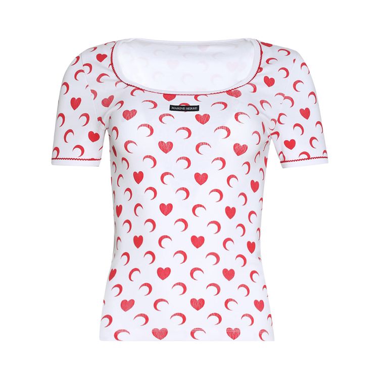 Marine Serre Moon Heart Squareneck T Shirt WhiteRed