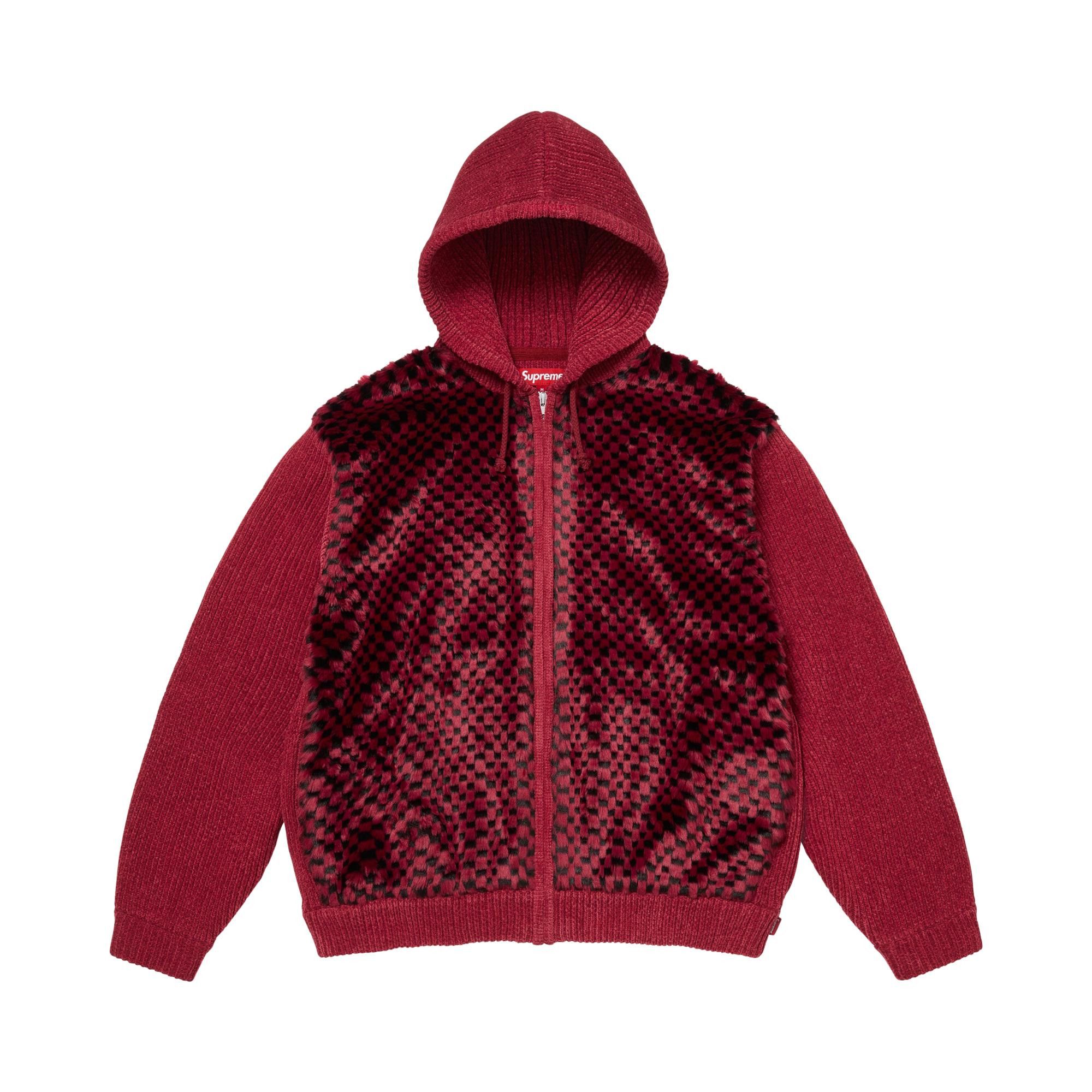 Buy Supreme Checkerboard Faux Fur Zip Up Hooded Sweater 'Red