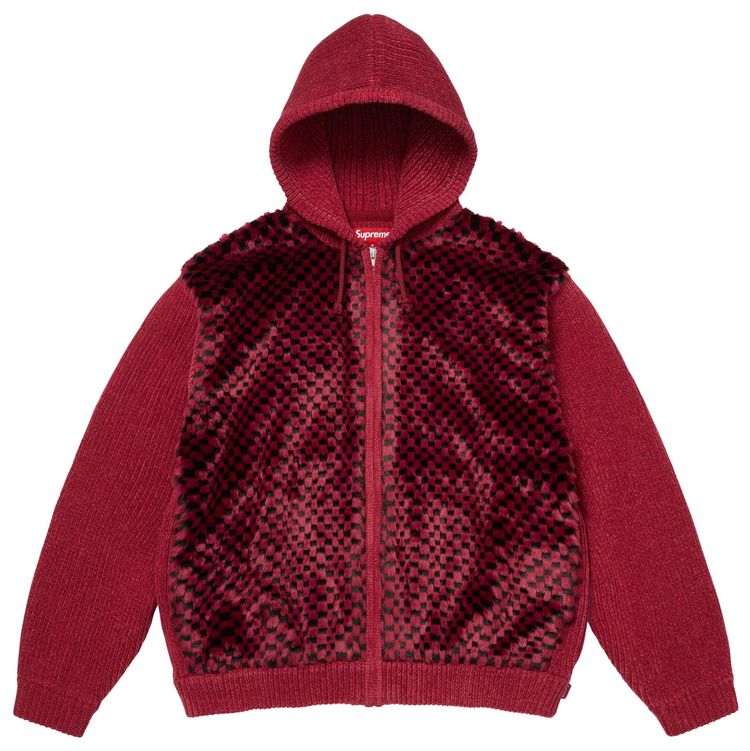 Supreme Checkerboard Faux Fur Zip Up Hooded Sweater Red