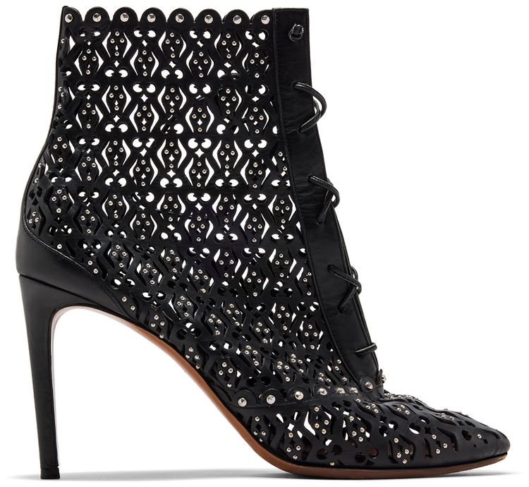 Alaia Wmns Embellished Laser Cut Lace Up Heeled Boot Black