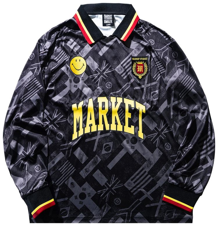 Market Smiley International Flags Long Sleeve Soccer Jersey BlackGrey