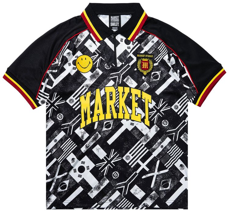 Market Smiley International Flags Short Sleeve Soccer Jersey BlackWhite