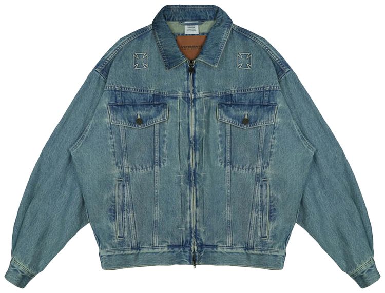 Vetements Biker Cross Zip Denim Jacket Vintage Mid Blue