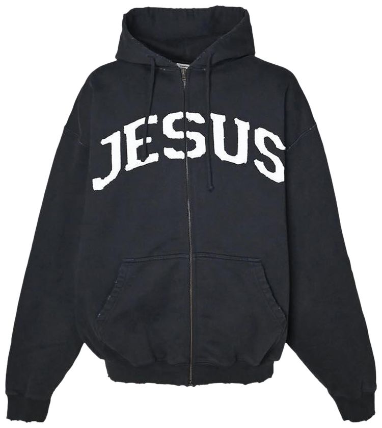 Vetements Jesus Christ Zip Up Hoodie Washed Out Black