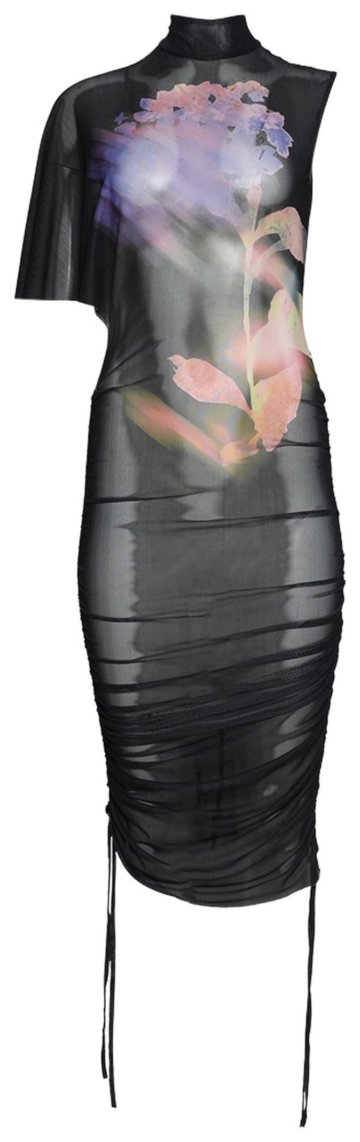 David Koma Asymmetric Sleeve Printed Mesh Mini Dress Black