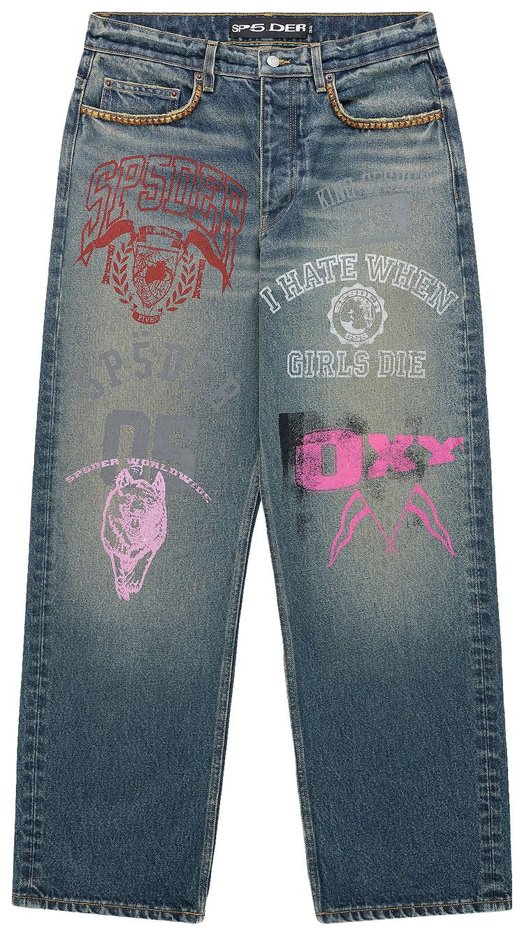 Sp5der Multi Print Studded Denim Indigo