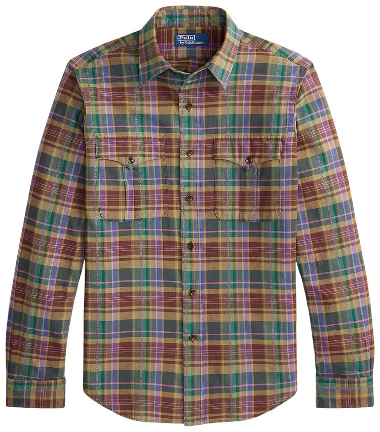 Polo Ralph Lauren Long Sleeve Bleeding Madras Safari Military Shirt BrownPurpleMulticolor
