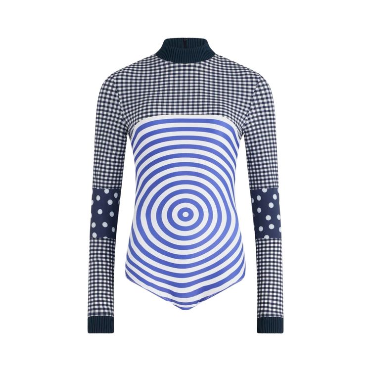 Jean Paul Gaultier Mix Jersey Knitted Gingham And Print Target Long Sleeve Top With Ribbing WhiteNavy
