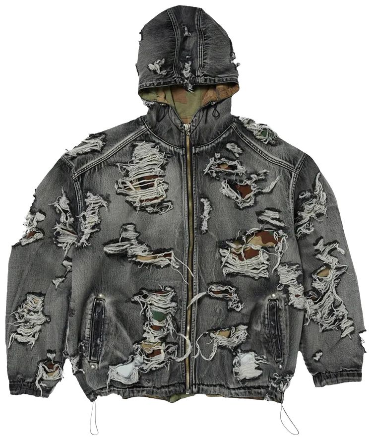 Thug Club Hell Denim Camo Hooded Zip Up Black