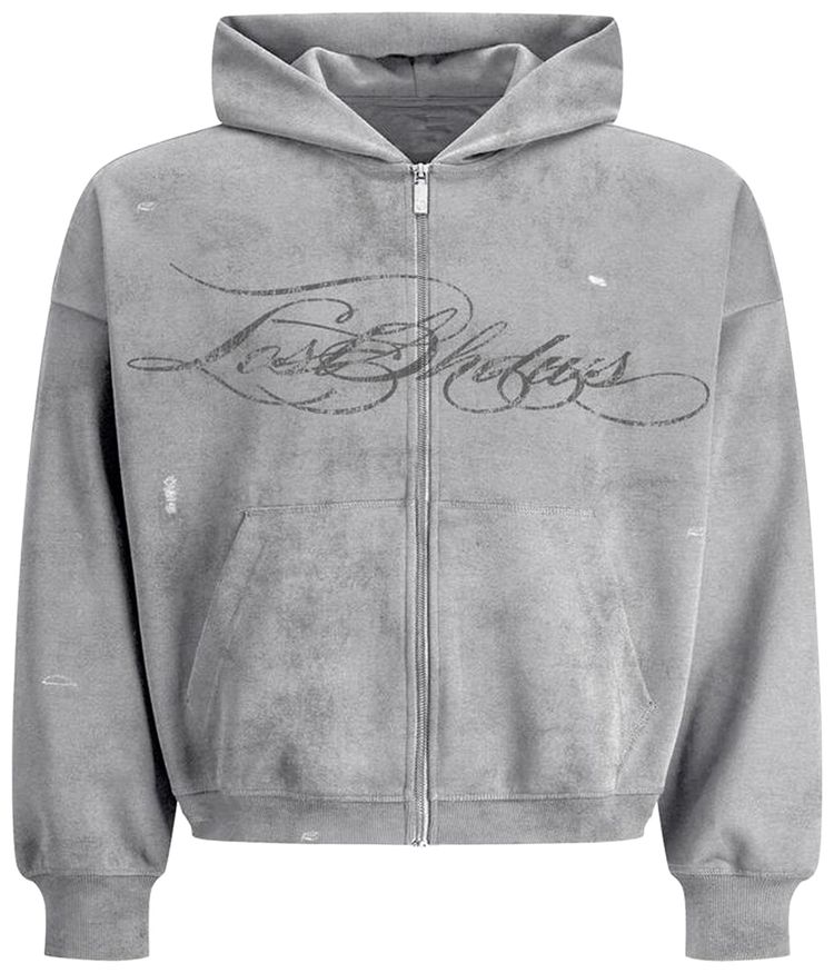 LOSTSHDWS Distressed Script Hoodie Grey