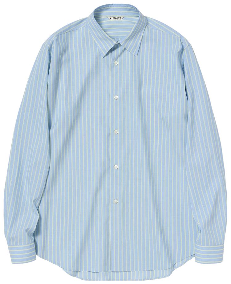 Auralee Super Fine Wool Stripe Shirt Sax Blue Lime Stripe